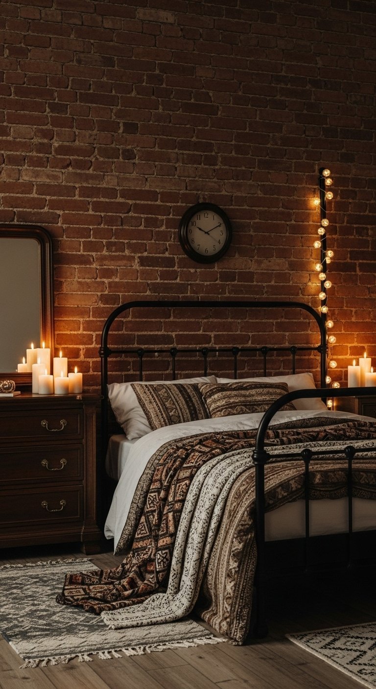 Chambre industrielle avec mur en briques et lit en métal noir
