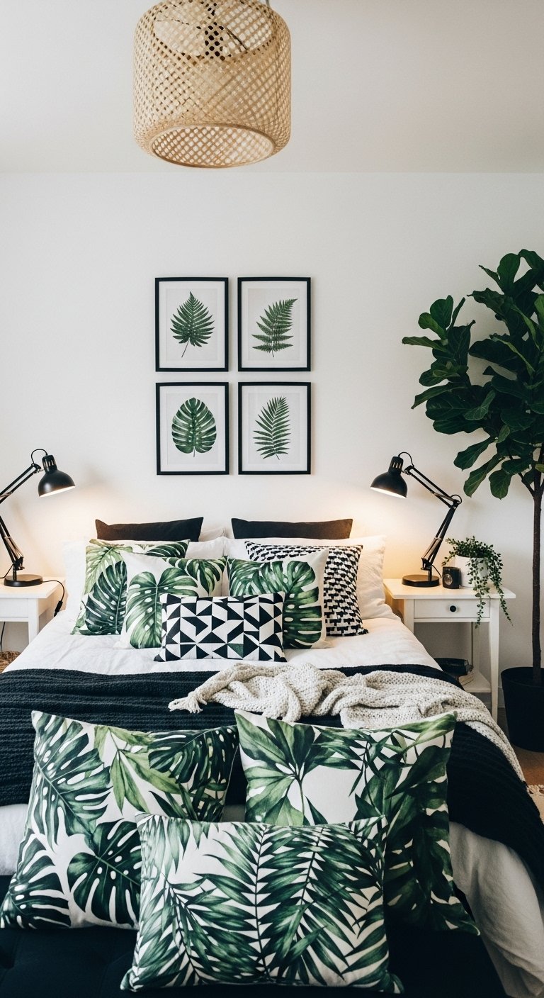 Décoration chambre femme graphique avec des coussins à imprimé tropical noir et blanc