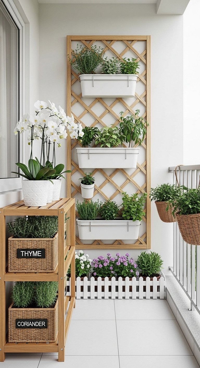 Decoration petit balcon organise en potager vertical avec treillis en bois pour herbes