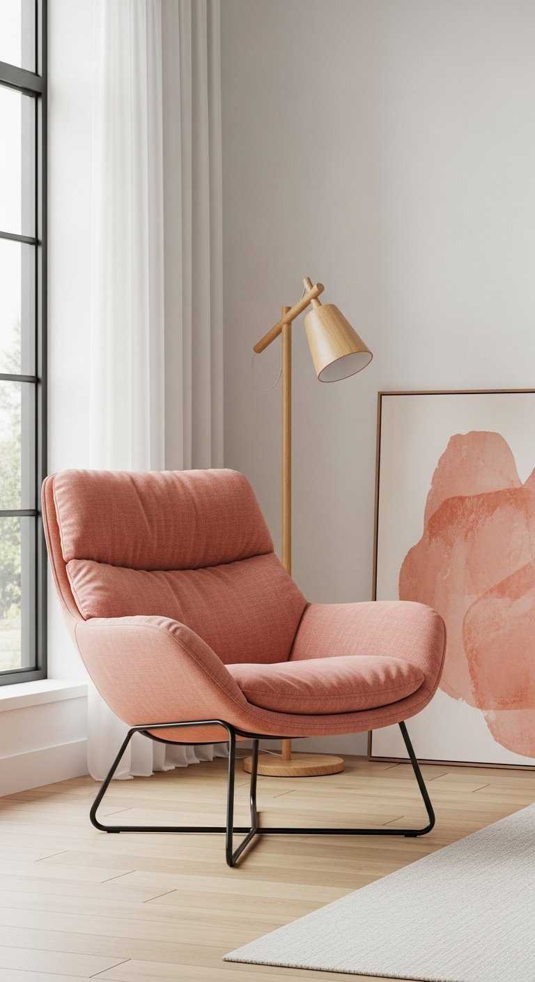Fauteuil de relaxation bas en tissu rose avec une structure fine en métal noir