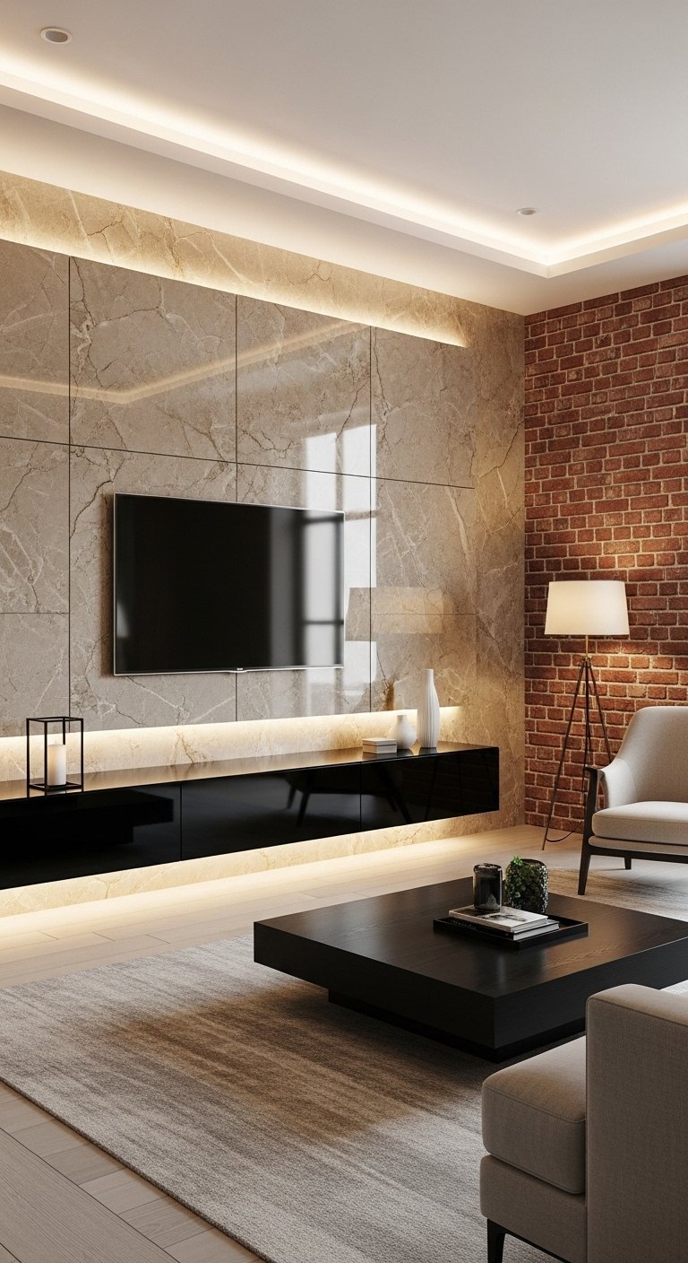 Mur TV avec panneaux effet marbre et mur de briques
