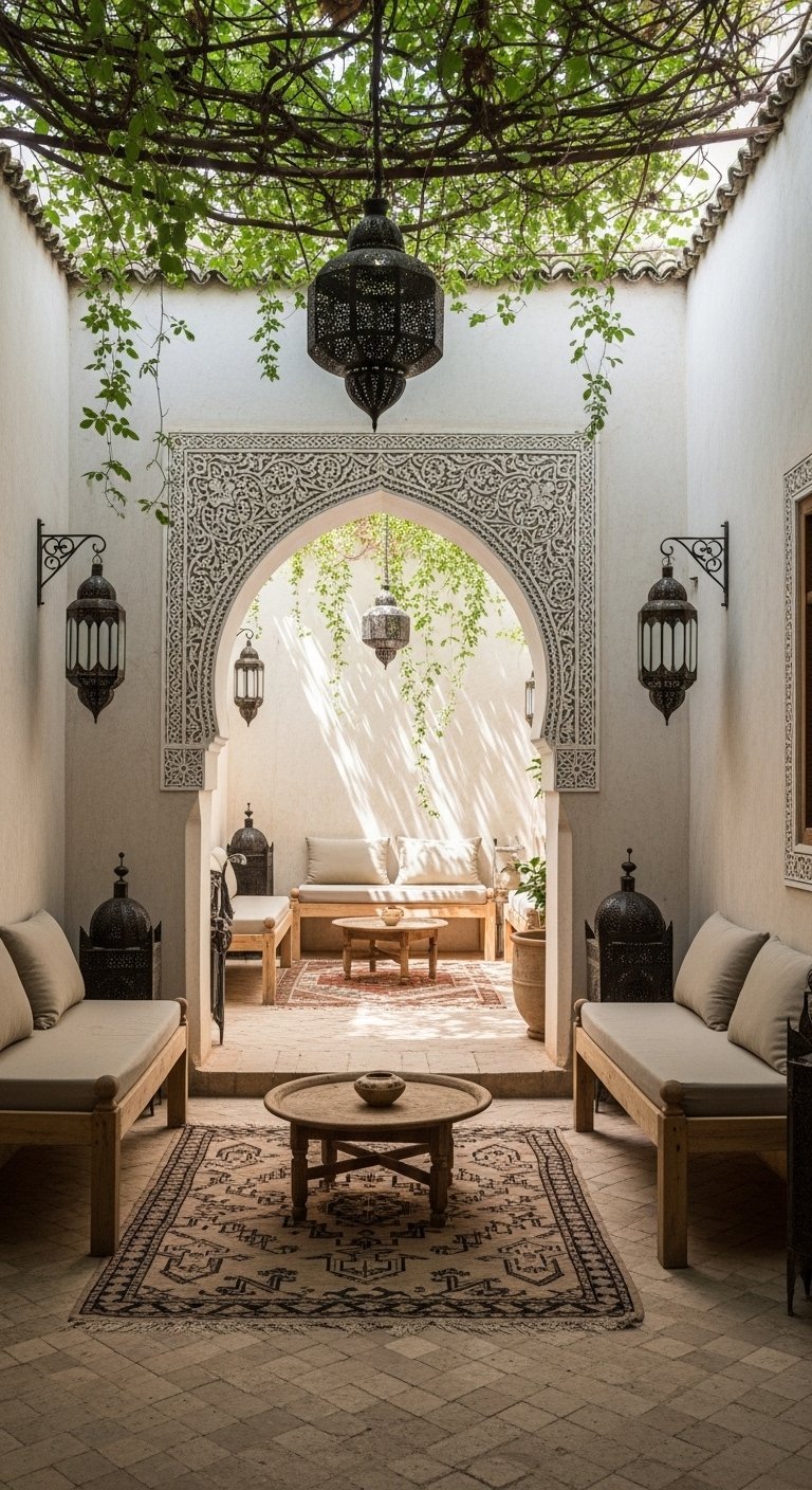 Passage voûté dans un riad avec de la végétation grimpante