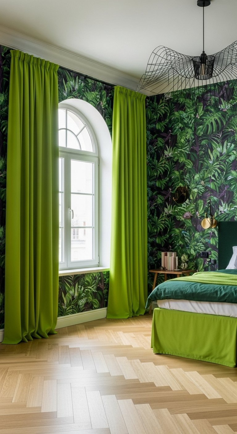 Rideaux vert pomme vifs dans une chambre avec papier peint jungle