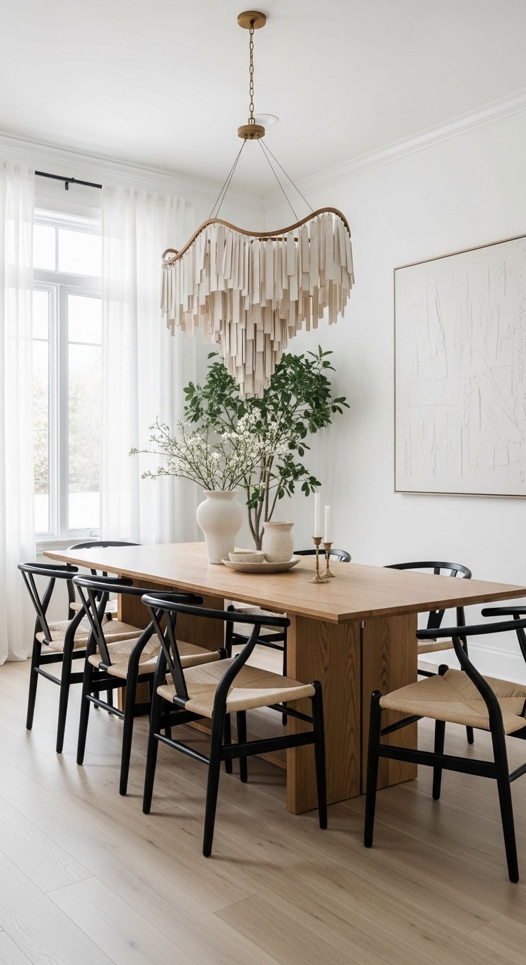 Salle à manger minimaliste avec une table en bois et des chaises Wishbone noires.