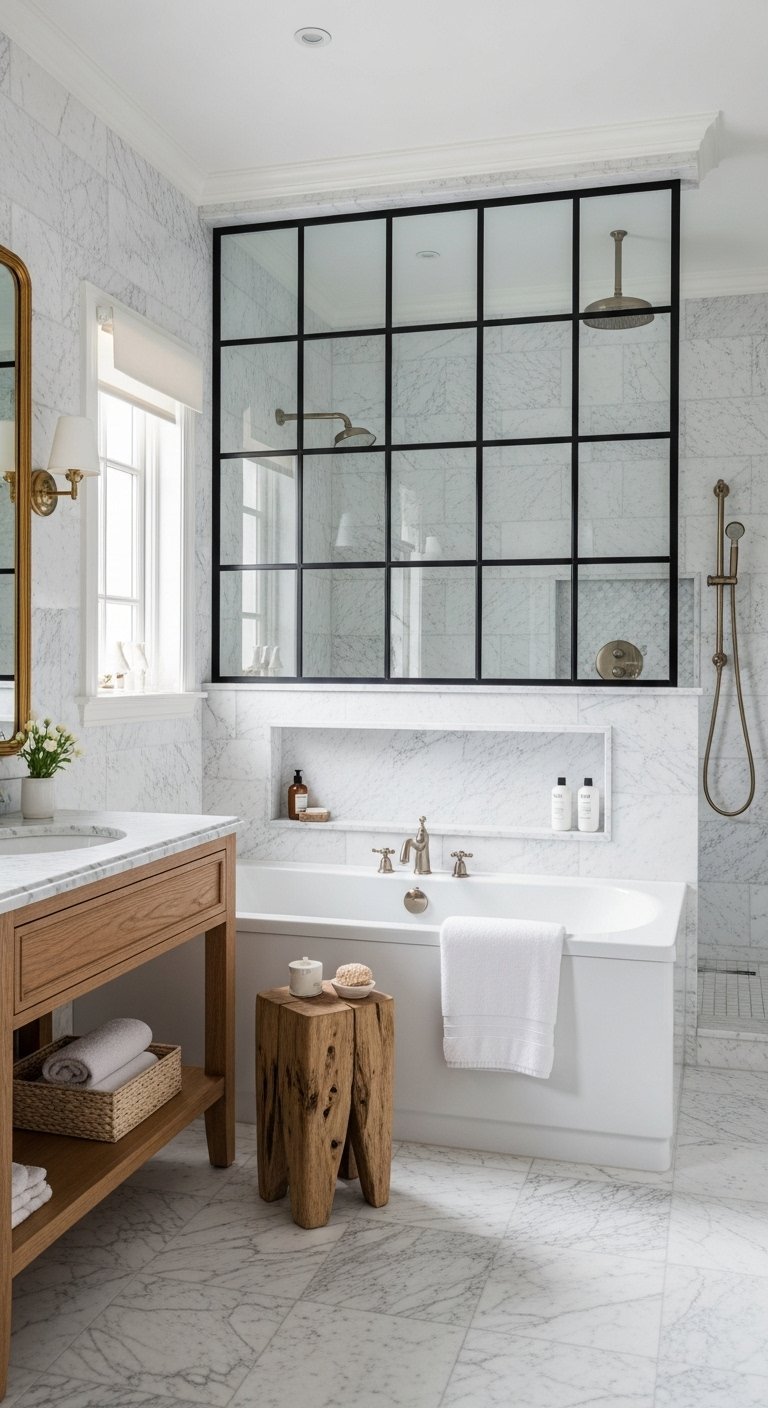 Salle de bain en marbre avec paroi de douche verrière noire sur la baignoire