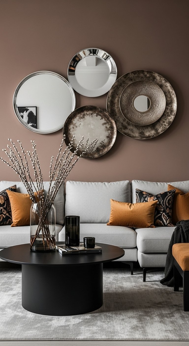 Salon elegant avec canape gris et mur d accent marron decore de plateaux metalliques