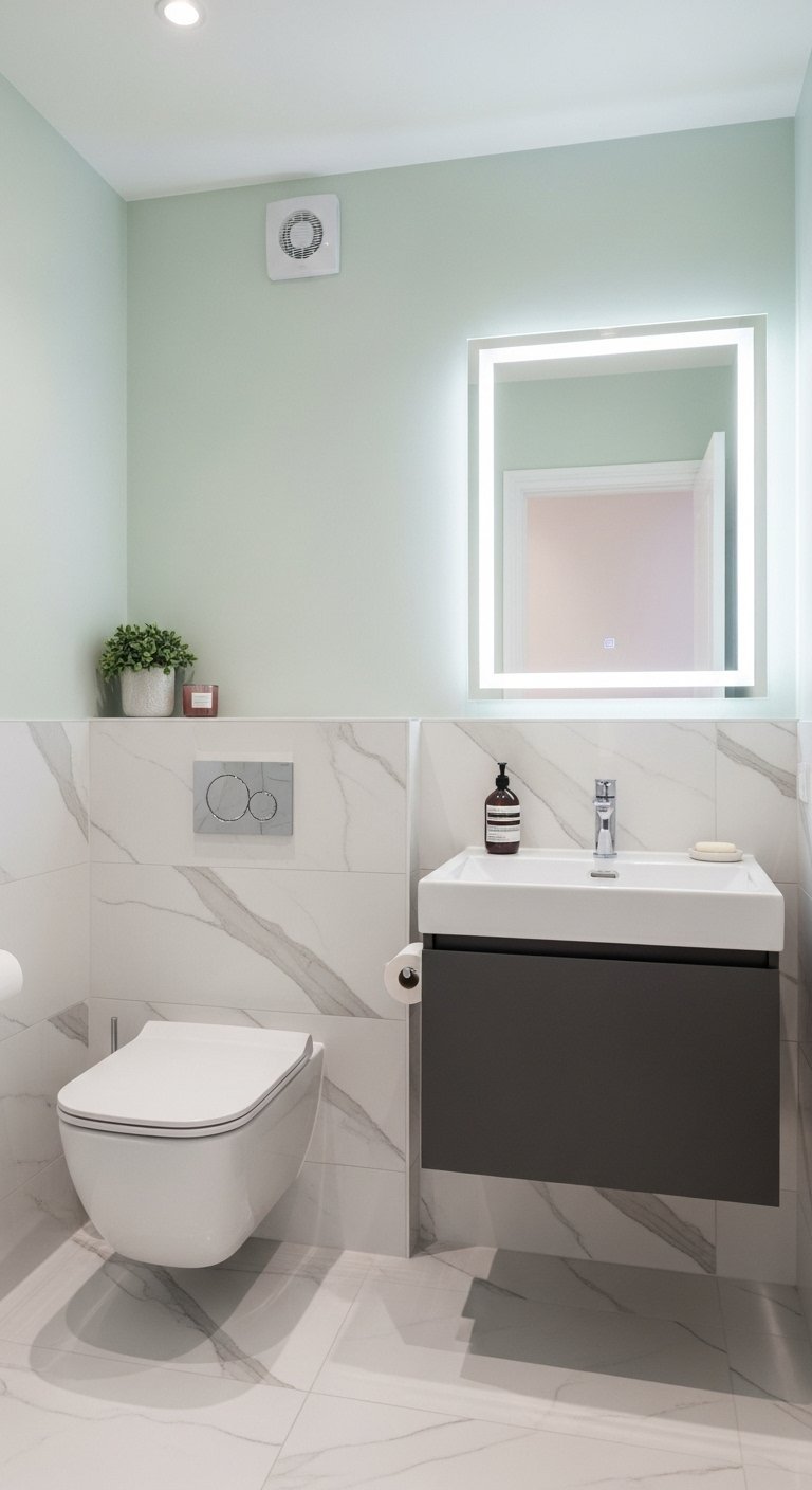 WC moderne avec mur vert d eau et miroir à éclairage LED intégré