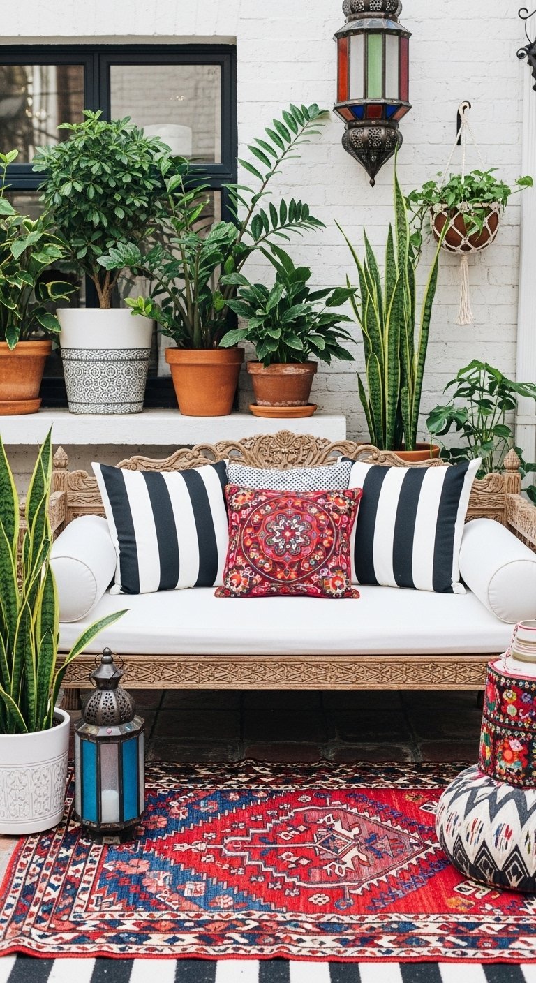 Banc en bois sculpté en extérieur entouré de plantes vertes