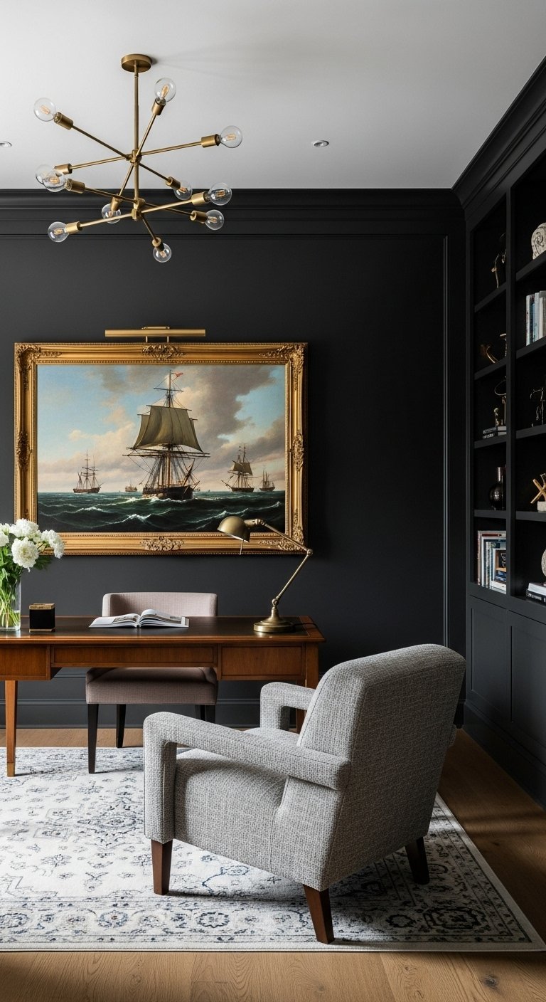 Bureau à domicile sombre et chic avec des murs noirs et une peinture de bateau classique.