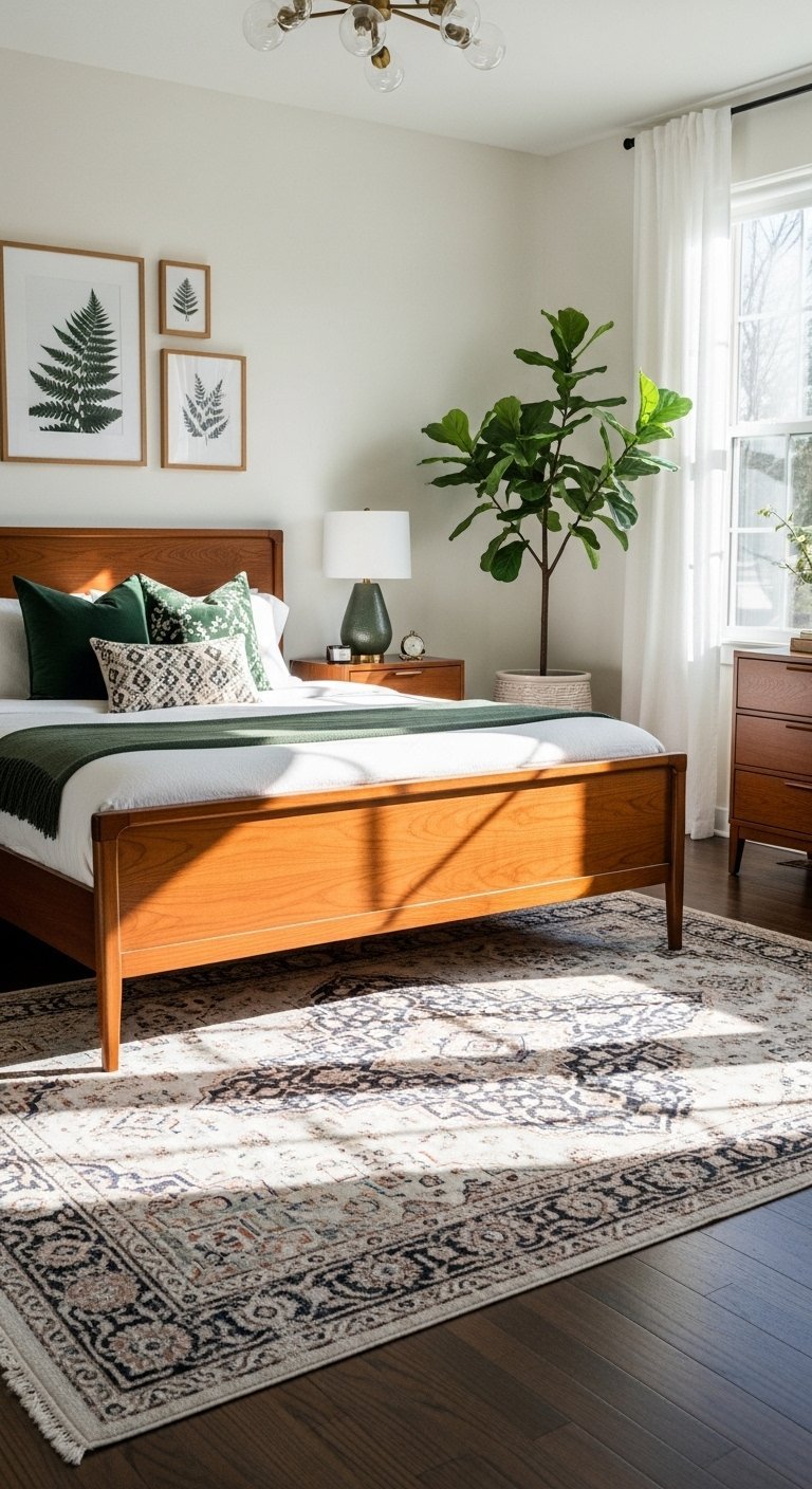 Chambre mid century avec lit en bois et cadres de fougères
