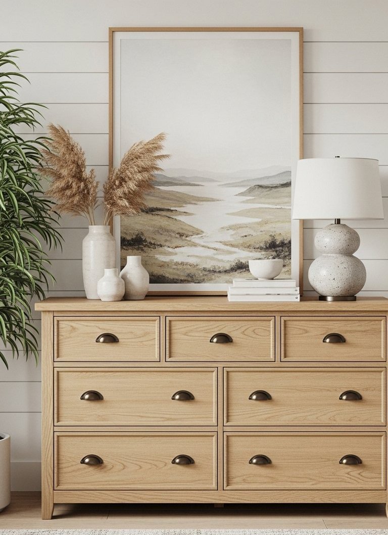 Commode en chêne clair de style farmhouse avec poignées coquilles