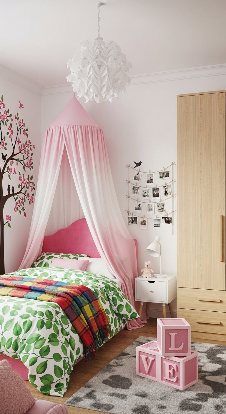 Décoration chambre femme fraîche et printanière avec un baldaquin rose et un linge de lit à feuilles