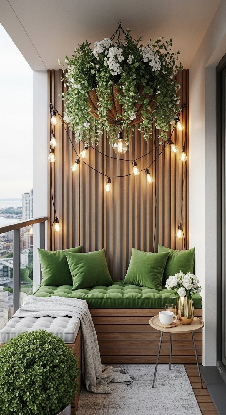 Decoration petit balcon moderne avec banquette en bois et coussins vert fonce