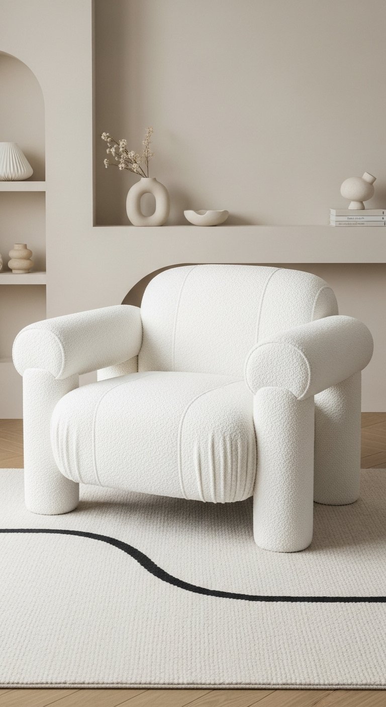 Fauteuil sculptural aux formes arrondies recouvert de tissu bouclette blanc