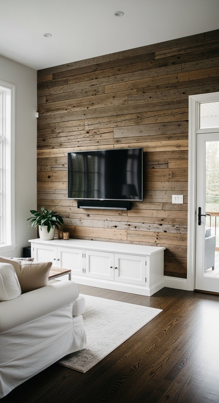 Mur TV de salon en bois de grange recyclé