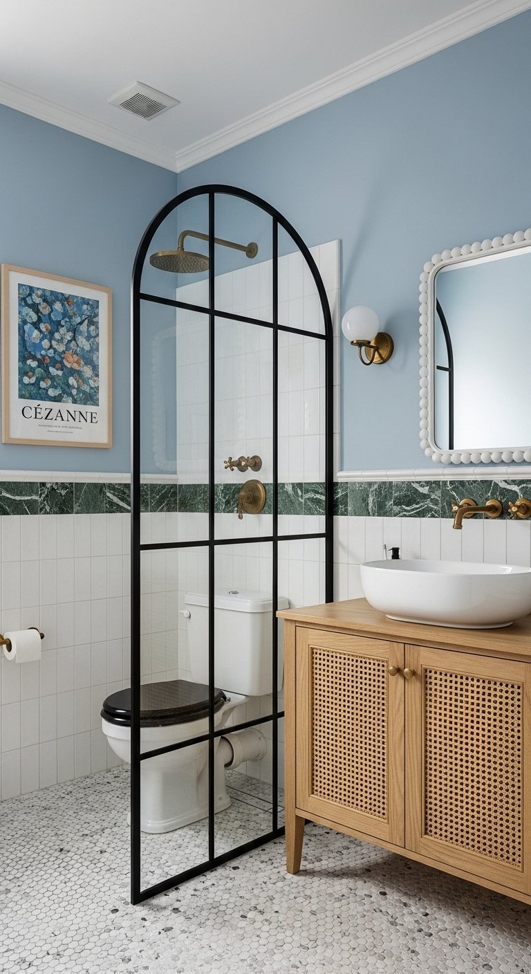 Petite salle de bain bleue avec paroi de douche en arche et meuble en cannage