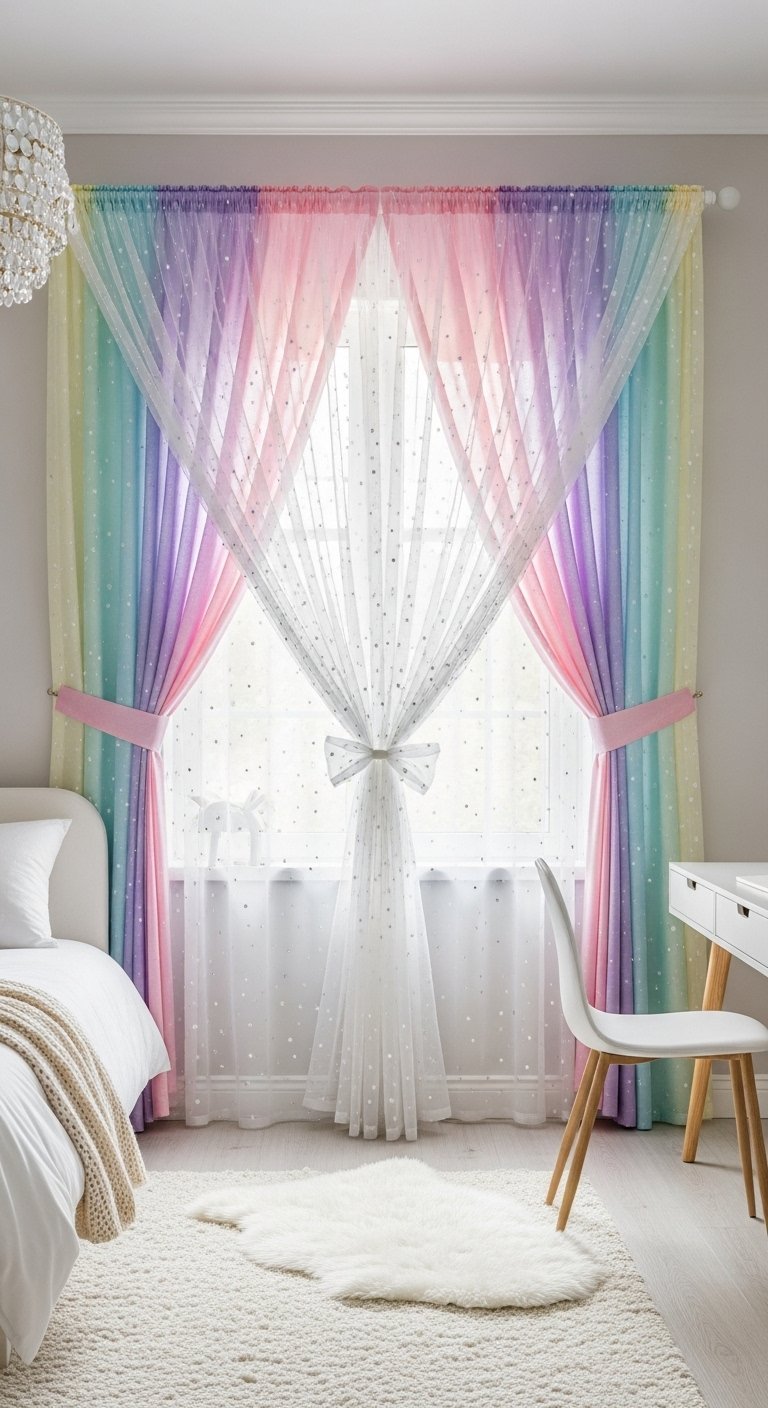 Rideaux arc en ciel pastel avec un voilage a etoiles dans une chambre d enfant