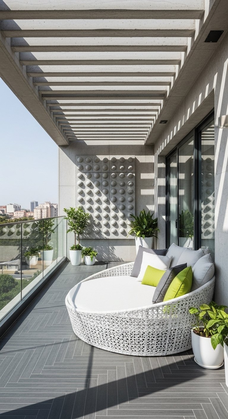 Terrasse moderne aménagée avec un grand lit de jour rond et une pergola en béton