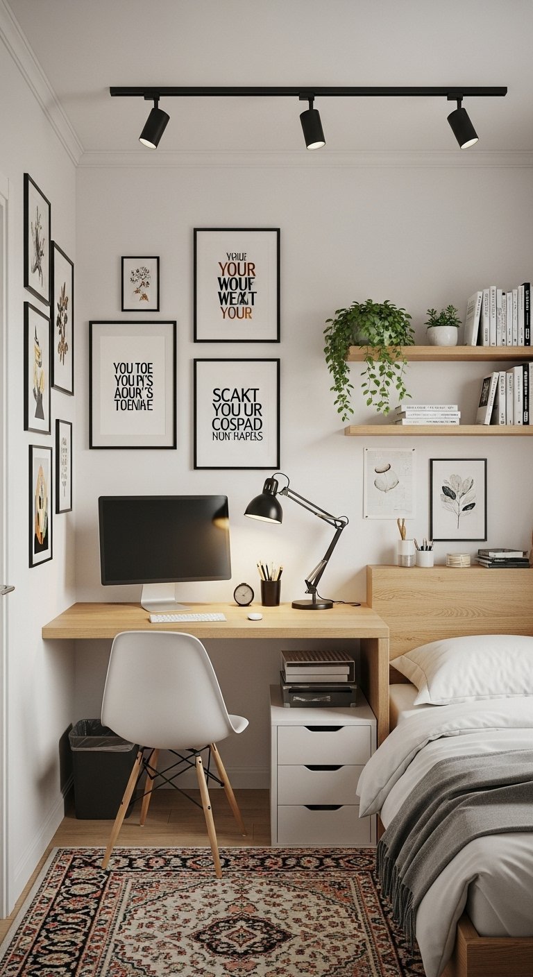 Bureau en bois intégré à la tête de lit avec des cadres typographiques