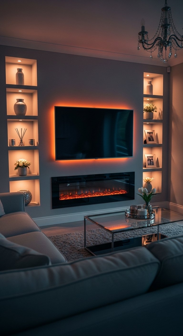 Mur TV gris avec niches éclairées et foyer électrique