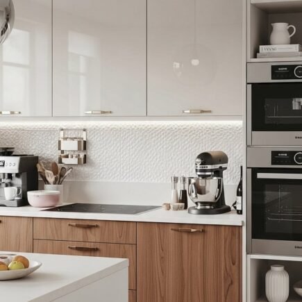 Petite cuisine moderne blanche et bois avec credence en carrelage hexagonal