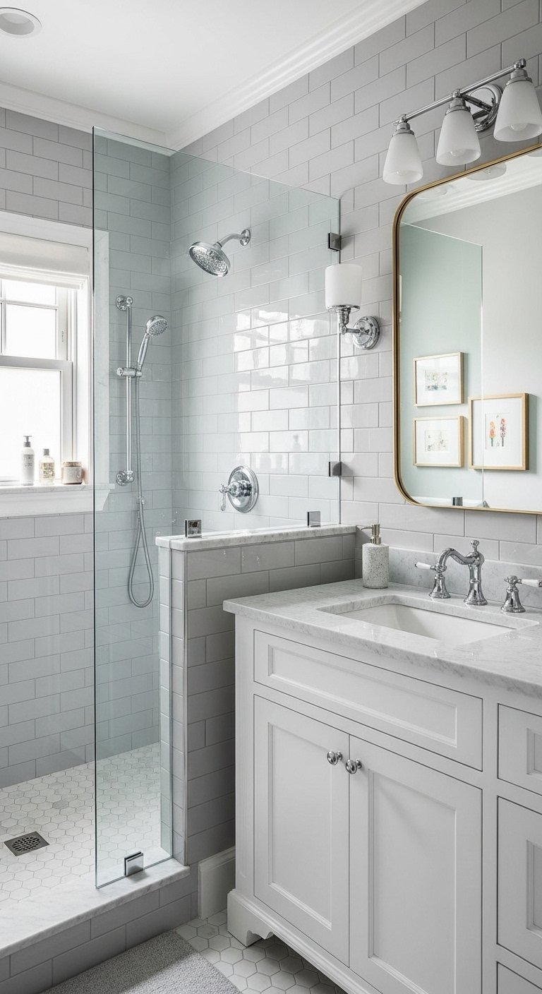Petite salle de bain grise avec muret de douche et meuble vasque blanc
