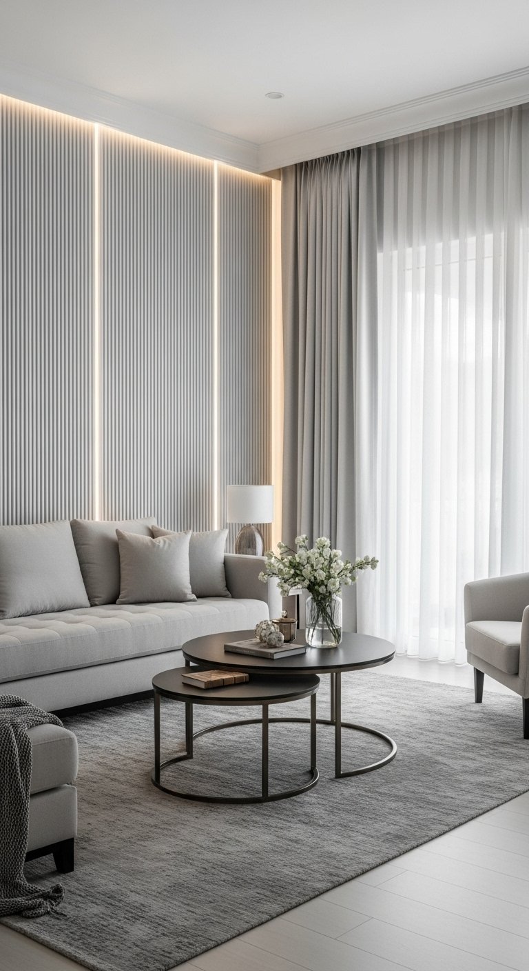 Salon moderne monochrome gris avec un mur en tasseaux de bois et un éclairage LED intégré.
