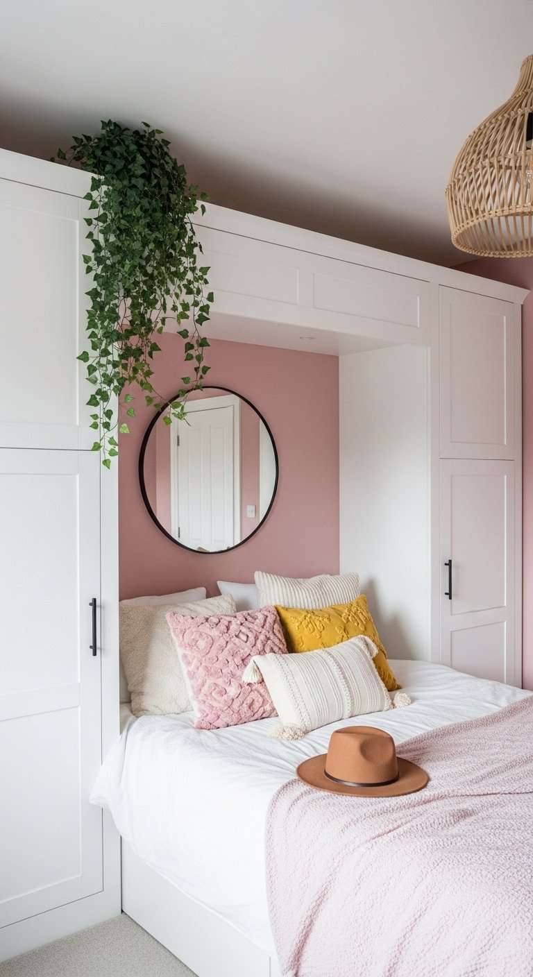 Lit encastré dans une armoire blanche avec une niche peinte en rose