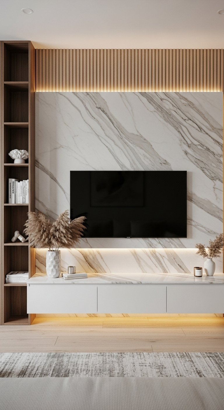 Mur TV avec panneau en marbre blanc et étagère latérale en bois