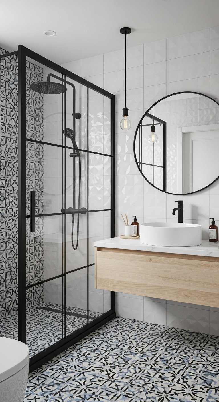 Petite salle de bain tendance avec carrelage à motifs au sol et dans la douche