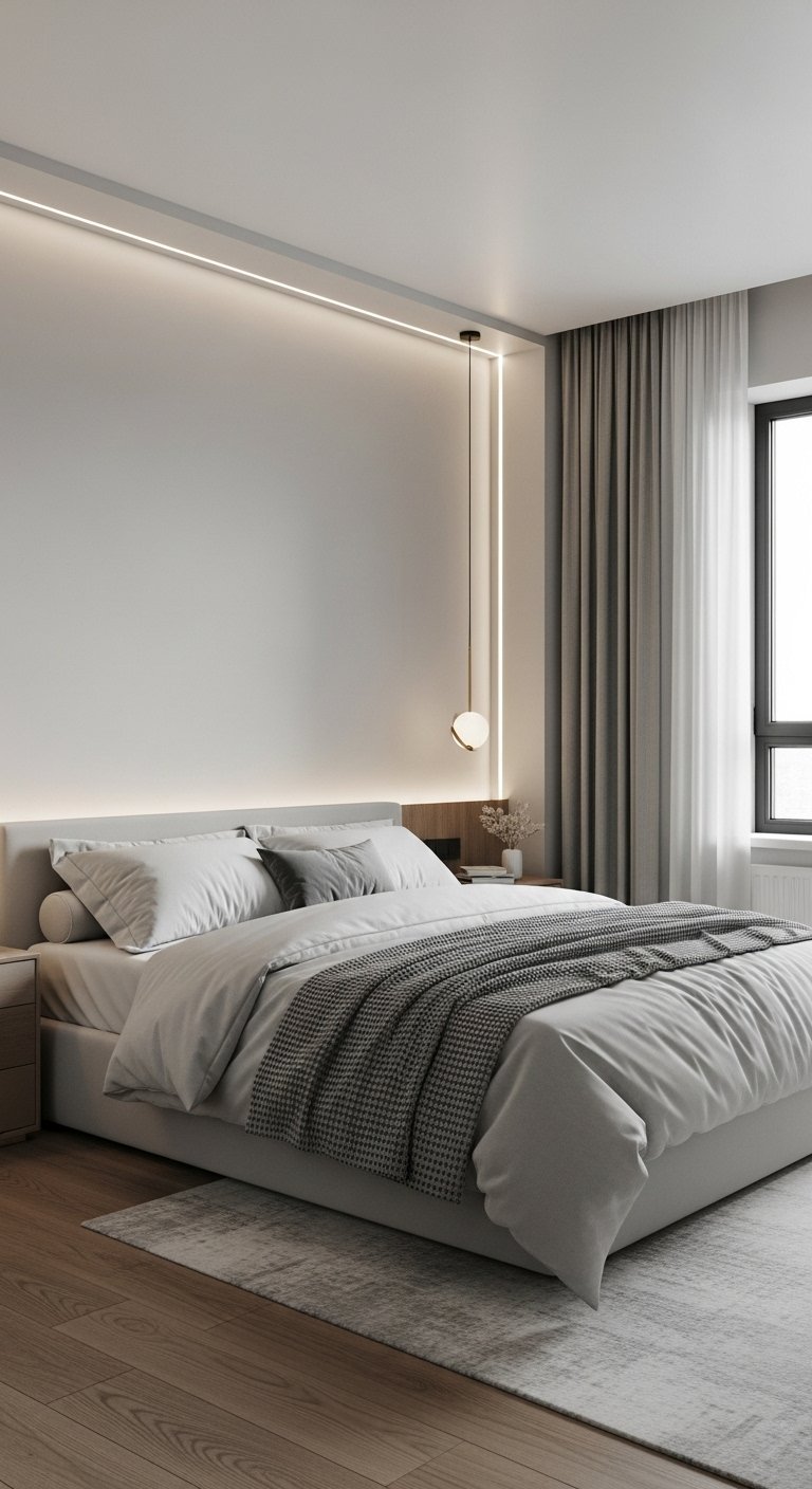 Chambre à coucher minimaliste avec un éclairage de tête de lit à bande LED.