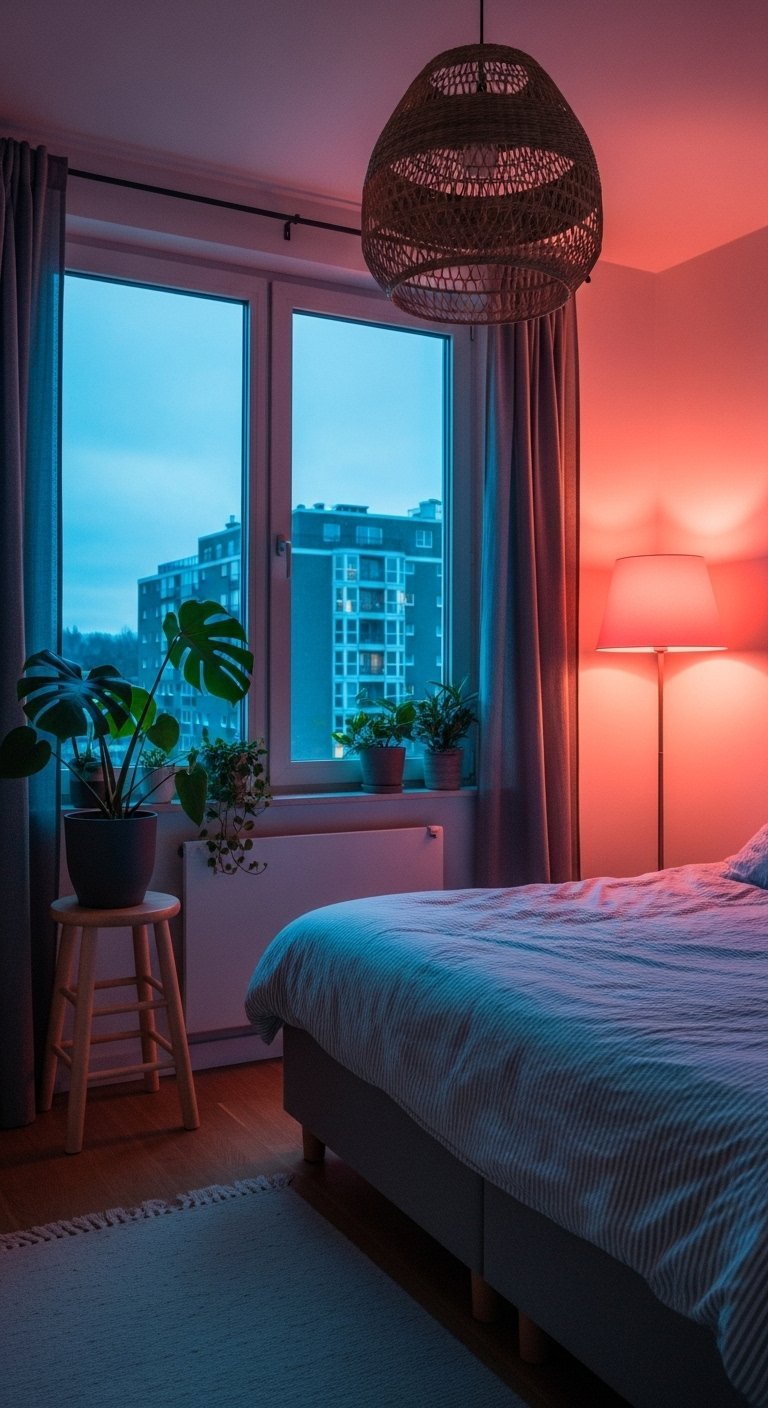 Chambre avec une ambiance lumineuse bicolore rouge et bleue