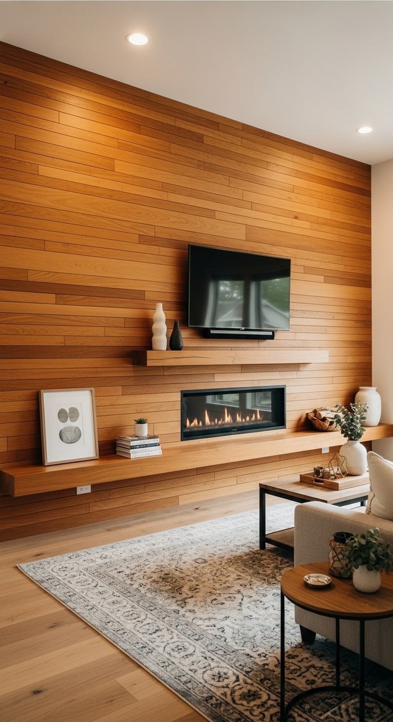 Mur de salon entièrement en lattes de bois avec télévision et cheminée intégrées.