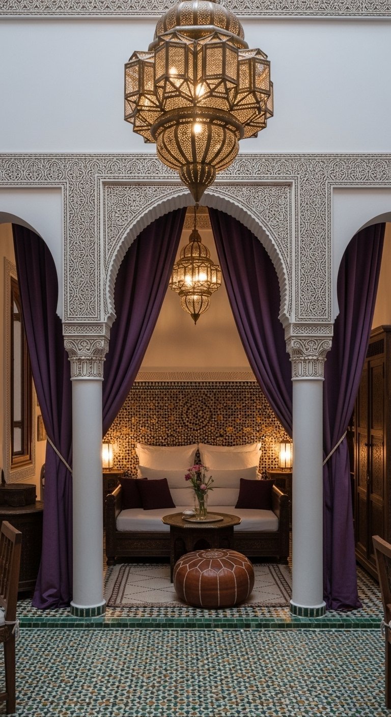 Vue sur un coin salon intime avec des rideaux violets