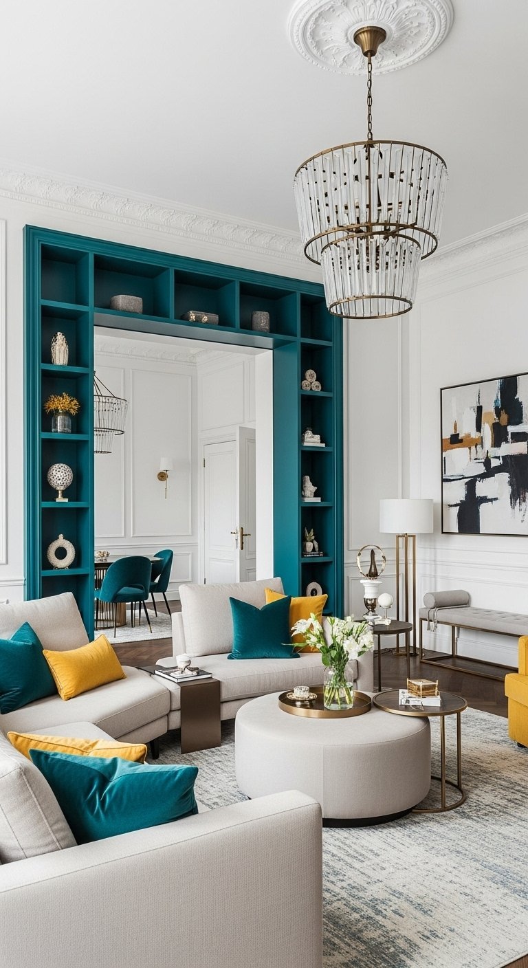 Salon classique avec une grande bibliothèque intégrée peinte en bleu vert sarcelle.