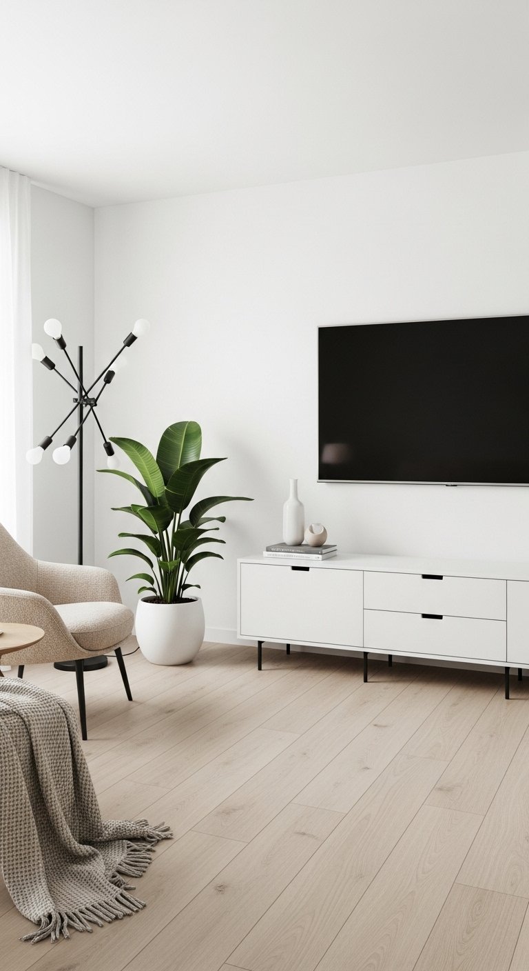 Salon minimaliste avec des murs blancs, un parquet clair et un meuble TV blanc.