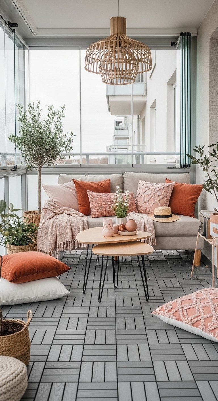Balcon fermé aménagé avec un canapé beige et des coussins terracotta et roses