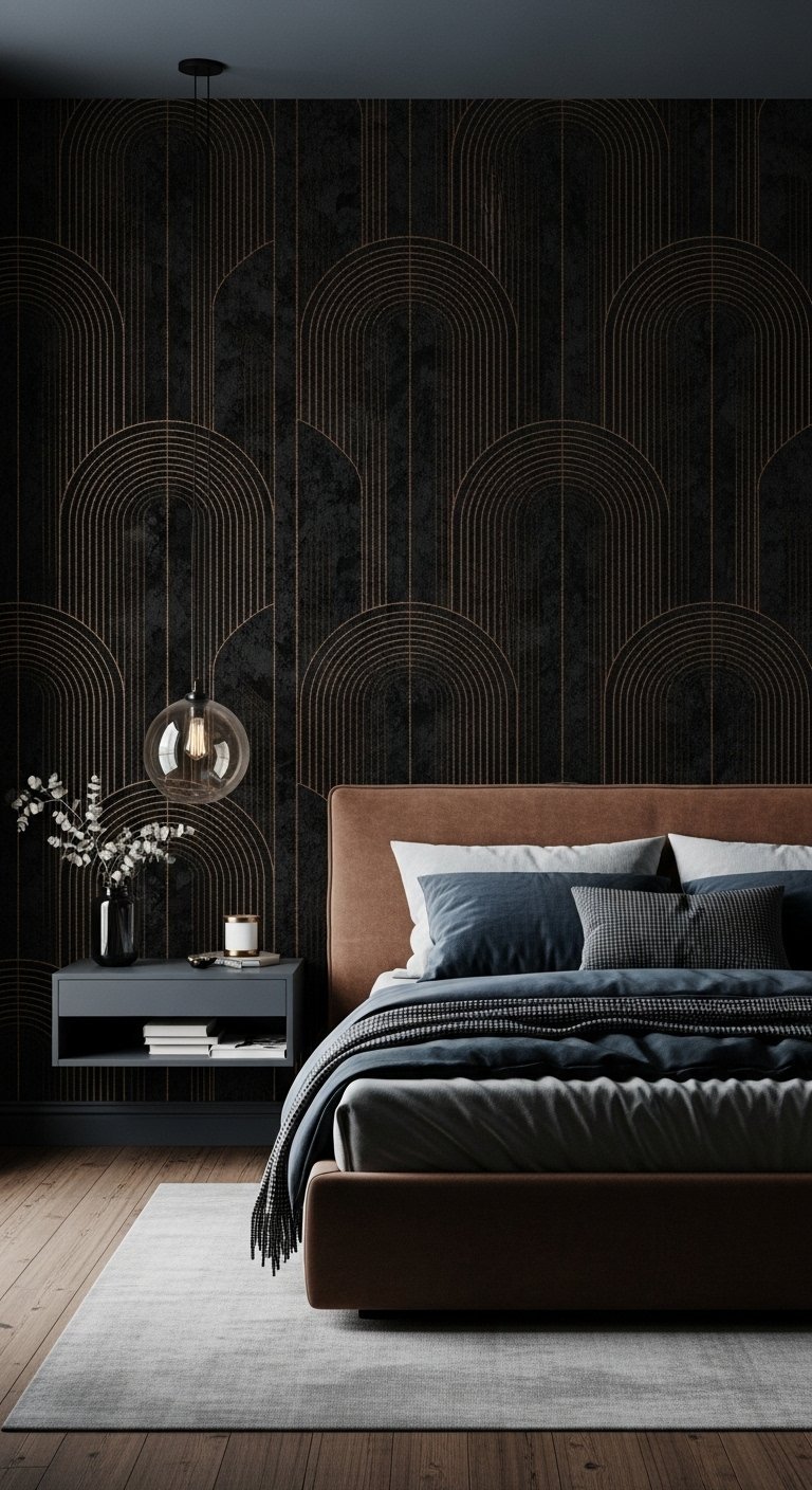 Chambre avec papier peint panoramique art déco noir et or
