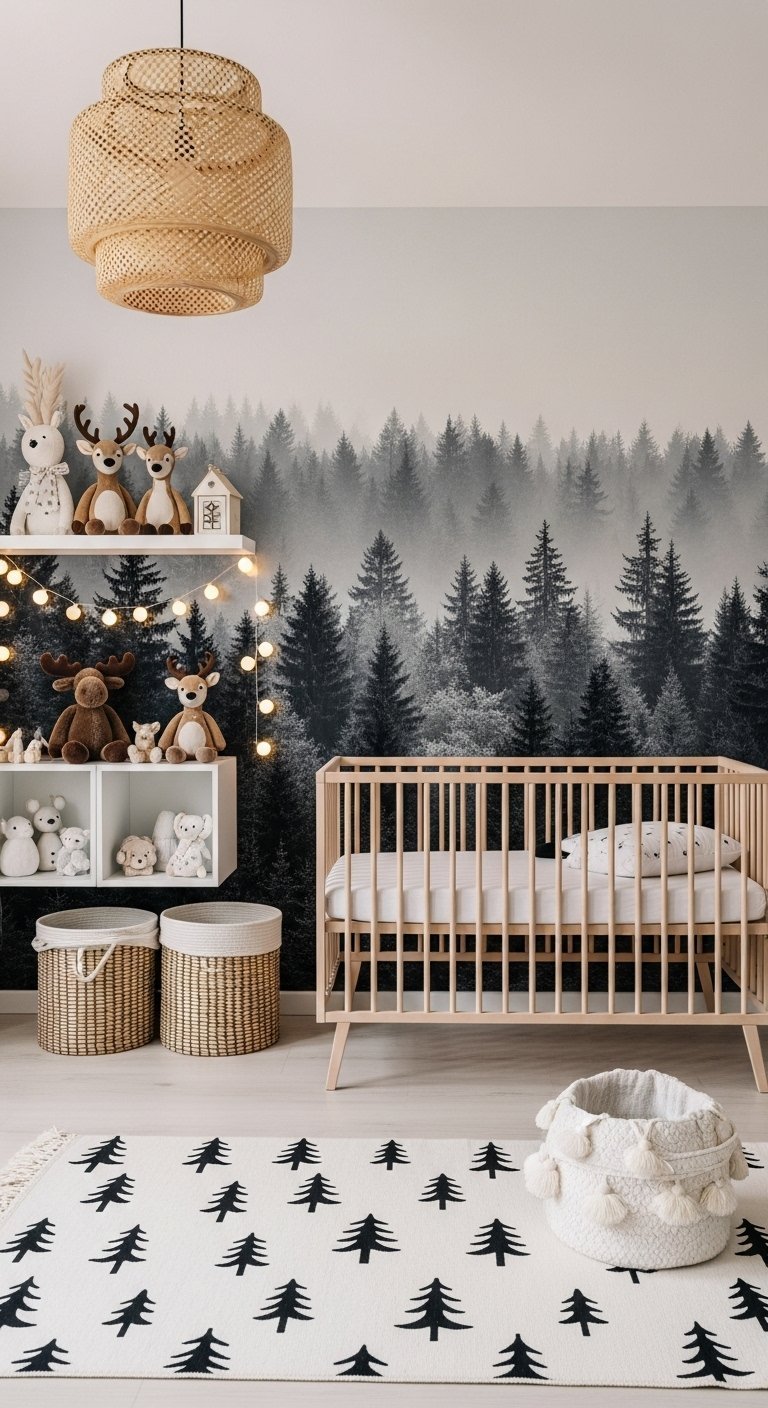 Chambre bébé thème forêt avec papier peint sapins et lit en bois
