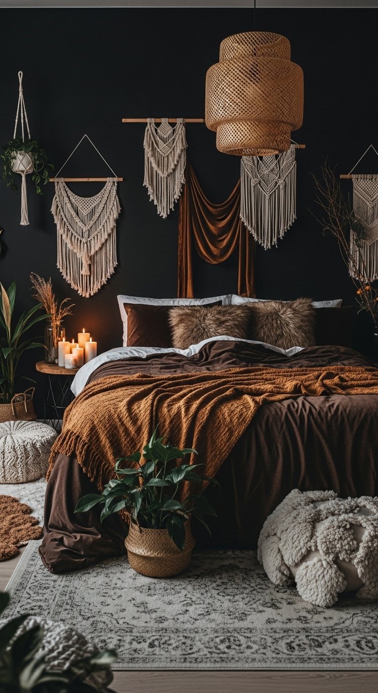Chambre boheme sombre avec mur noir et linge de lit brun