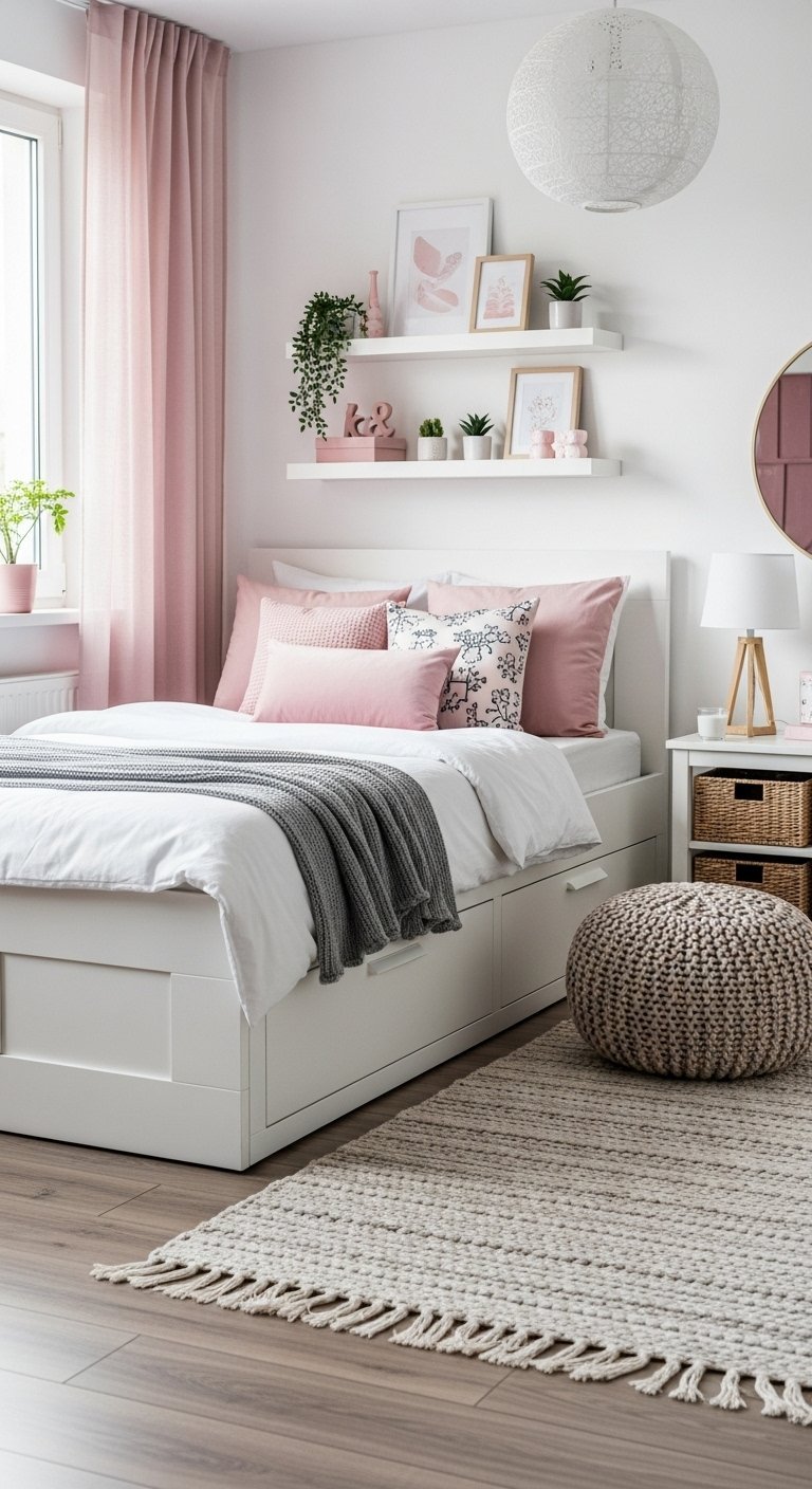 Chambre d ado avec des murs blancs des rideaux roses et un lit avec tiroirs de rangement