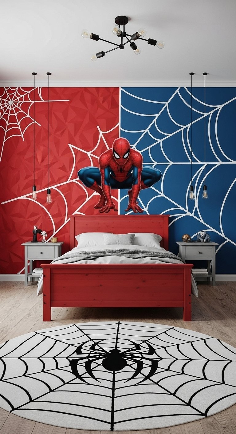 Chambre de garçon sur le thème de Spider Man avec mur rouge et bleu