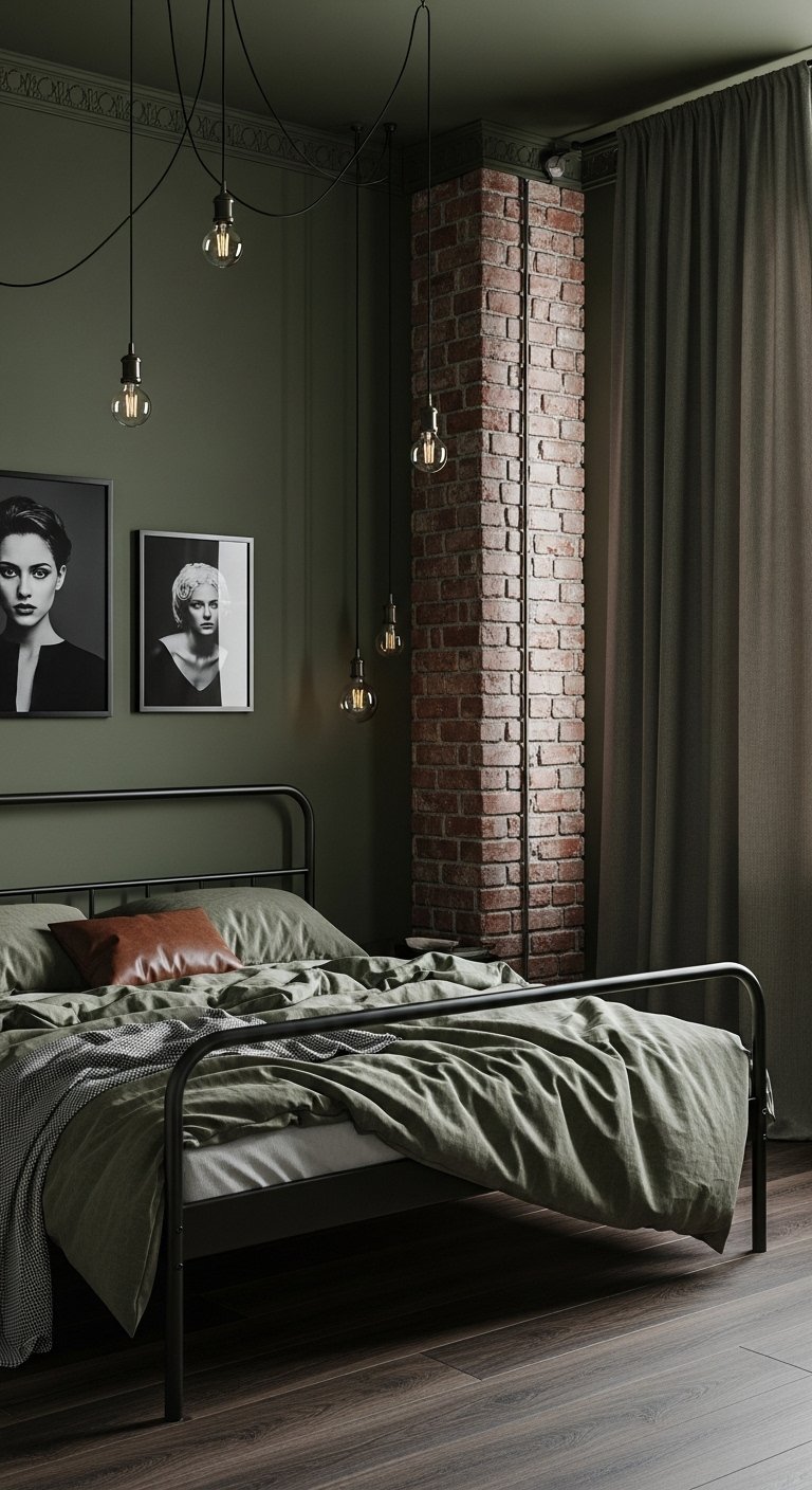 Chambre de style industriel avec mur vert foncé et colonne de briques apparentes