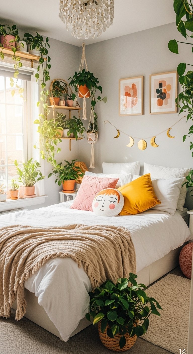 Chambre de style jungle urbaine avec de nombreuses plantes vertes près de la fenêtre