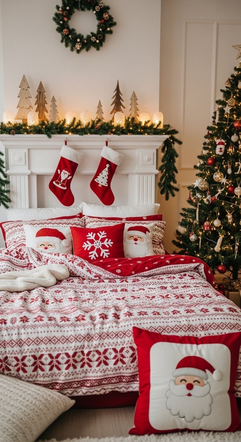 Chambre décorée pour Noël avec du linge de lit sur le thème de Santa Claus