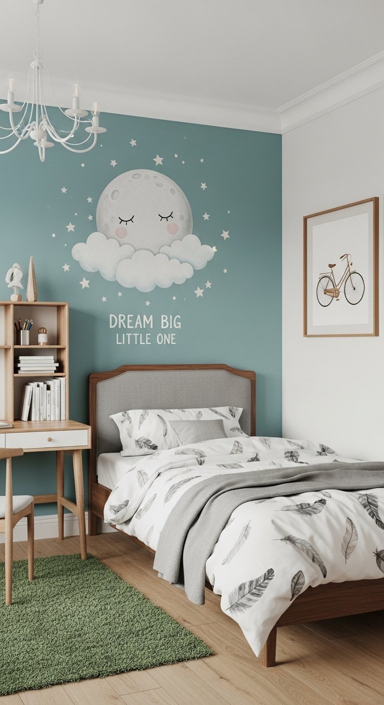 Chambre enfant moderne avec mur bleu vert et sticker lune