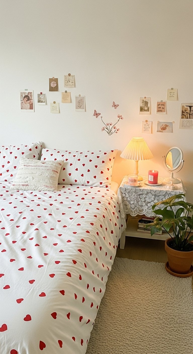 Chambre minimaliste avec parure de lit blanche à motifs de coeurs rouges
