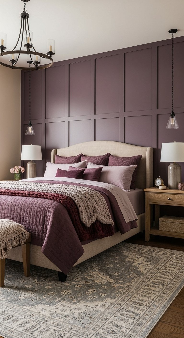 Chambre moderne avec mur d accent prune et moulures et lit beige