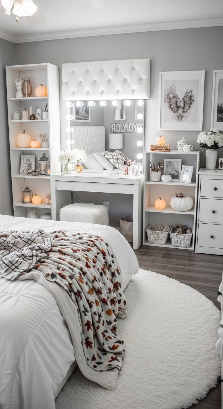Coin coiffeuse blanc avec miroir de style hollywoodien dans une chambre grise