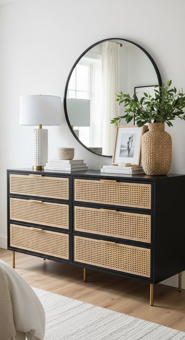Commode noire avec six tiroirs en cannage et pieds fins dorés